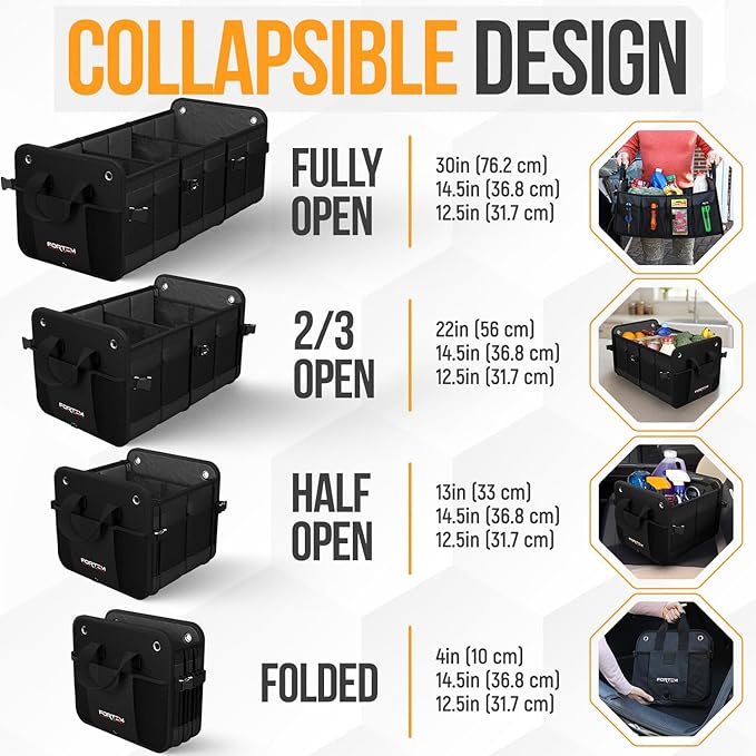 FORTEM Trunk Organizer with Cooler For SUV Car Organizer and Storage, Collapsible Multi-Compartment, Perfect Christmas Gifts For Men, Women, 1680D Oxford, Non Slip Bottom, Straps, Soft Cover 110L