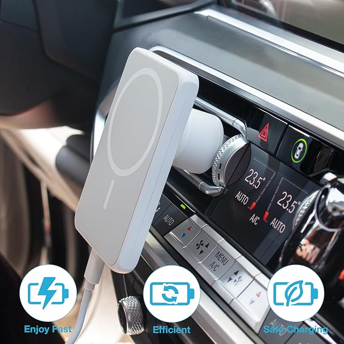 7.5W MagSafe Wireless Car Charger Mount Pro Strong Magnetic Vent Holder for iPhone 15/14/13/12 Series & More, 360° Rotation & Overheat Protection, White