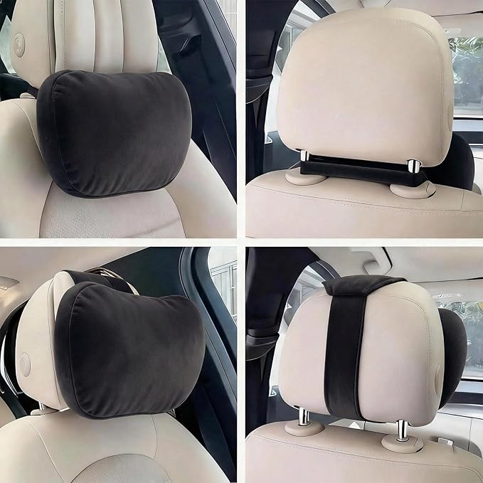 2PCS Car Pillow for Car Neck Pillow for Driving Seat Neck Support Soft Cushion Back Support Head-Rests for Vehicle Sleeping with Elastic Adjustment Strap (Black, Head and Lumbar)
