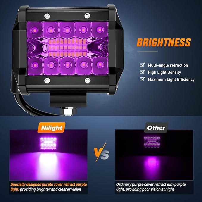 Nilight 4 Inch LED Light Pods Purple Triple Row 2PCS 60W Flood Spot Combo Off Road Driving Decoration Neon Hunting Lighting for UTV Pick-up Van Boat Tractor