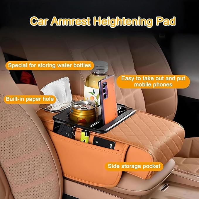 Car Center Console Cover for Hyundai Tucson 2021-2024, Leather Armrest Cushion Protector Pad with Tissue Box Holder Storage Pockets Cup Holder Phone Slot, F/Coffee