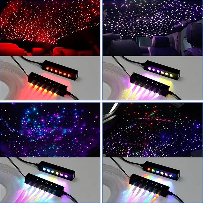 AKEPO Car Home Use MIni Size 6-Hole 3.2W RGB Colorful Fiber Optic Light Kit, 9.8ft 600pcs*0.75mm/0.03in Optical Fiber APP Control Mixed Color Chasing Timer Function Starlight Headliner Light