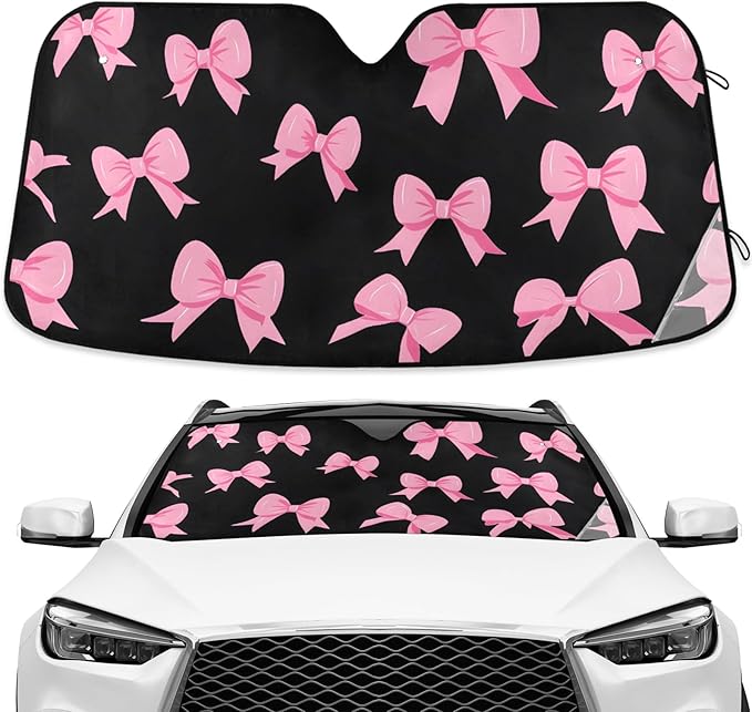 Pink Bow Black Windshield Sunshade Car Sun Shade Front Window Shade for Truck SUV Blocks UV Rays Sun Reflector Visor Protector Accordion Folding