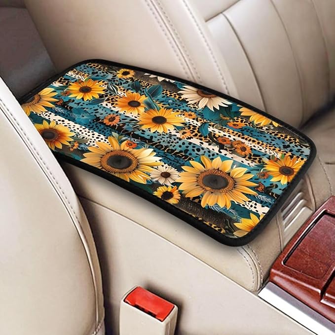Center Console Cover for Truck Van Sedans Leopard Sunflower Armrest Cushion Protector Interior Accessories Stripe Aztec Car Center Console Cushion Pad
