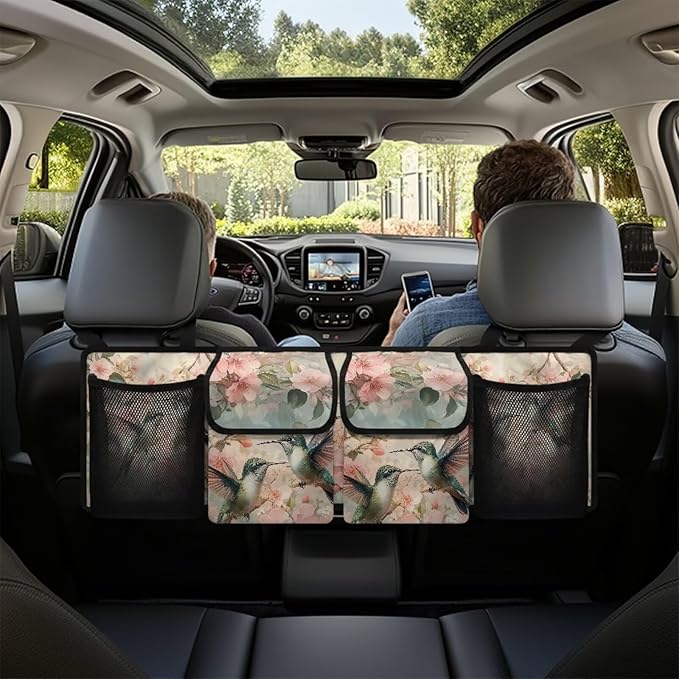 Hanging Car Trunk Organizer, Hummingbird Pink Flower Print Car Back Seat Storage with 4 Pockets Large Capacity Back Seat Storage Bag Waterproof Universal Car Interior Accessories