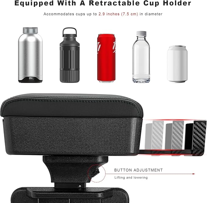Car Armrest Storage Box with Cup Holder, Adjustable Leather Auto Seat Gap Filler Armrest Extender Pad, Liftable Forearm Wrist Support Center Console Storage Case for SUV Truck (Black)