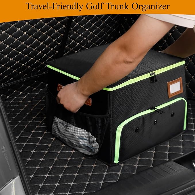2 Layer Golf Trunk Organizer, Golf Organizer with 2 Pairs Shoes Compartment, Golf Storage Waterproof Car Trunk Locker for Balls, Caps, Clothes, Gloves, Accessories, Gifts for Golfers
