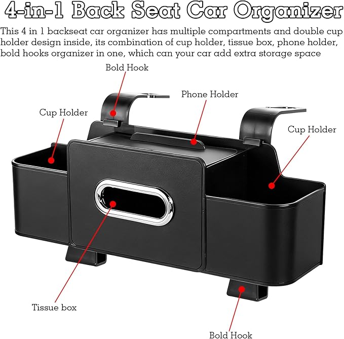 4-in-1 Back Seat Car Organizer, Upgraded Multifunctional Car Storage Box, Hanging Back Seat Storage Organizer, Partition Design, with Phone Holder, Tissue Box, 2 Cup Holders, 2 Hooks