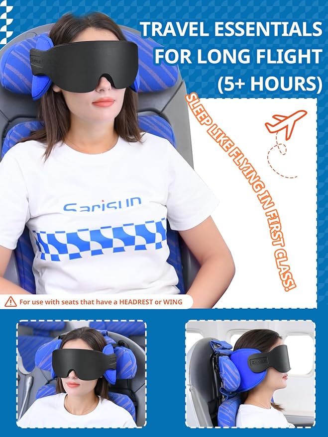Travel Pillows for Airplanes, Airplane Pillow for Long Flight Car Road Trip, Airplane Head Strap with Sleep Eye Mask, 360° Support Headrest, Stop Bobblehead Travel Neck Pillow, Mottled Black