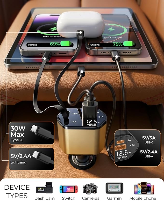 2026 MimAuto 4 in 1 Retractable Car Charger, Car Charger USB C Fast Charger, Car Charger for iPhone 17/16/15/14/13, Samsungs, Tablets, Dash cams, Switch, Gold Car Accessories for Men Women