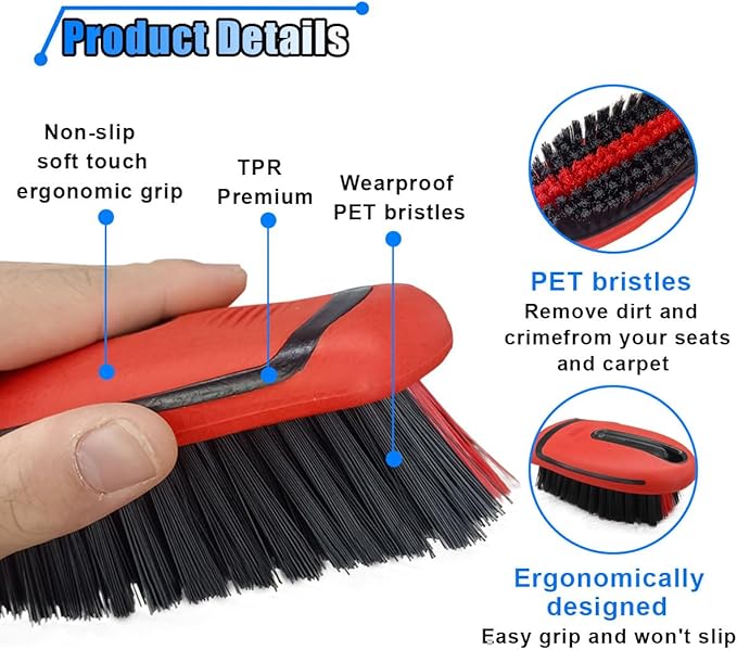 Carpet and Upholstery Cleaning Brush - Stiff Bristle Carpet Scrubber Car Cleaning Brush for Car Interior and Home - Leather Brush Auto Detailing Scrub Brushes for Couch, Floor Mats, Clothes (Red)