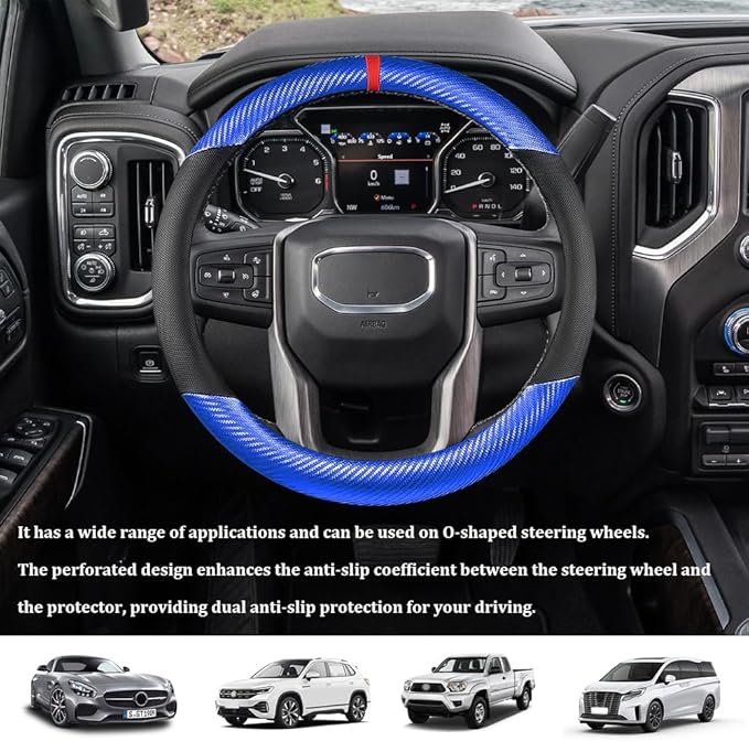 Car Steering Wheel Cover, Steering Wheel Accessories, 15 Inch Microfiber Leather Carbon Fiber Soft Anti-Slip Breathable, Car Accessories Elastic Non-Slip Cover for Most Vehicles (Blue)