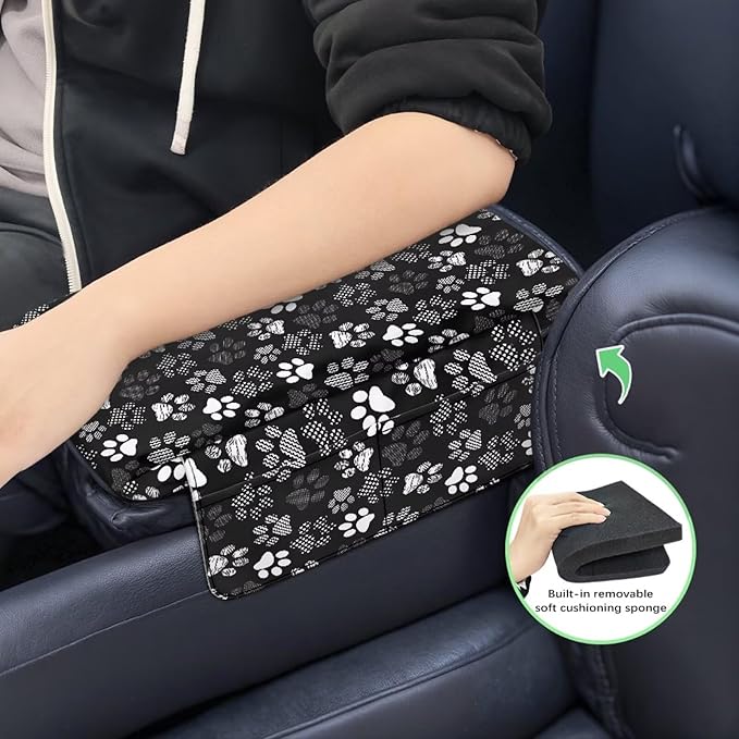 Dreaweet White Dog Paw Center Console Armrest Pad Cover Thick Car Armrest Cushion with Storage Bag Soft Comfortable Arm Rest for Car Center Console Universal Fit SUV Truck Sedan
