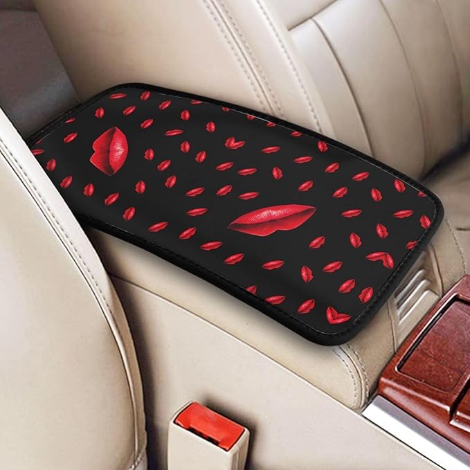 Car Armrest Cover Auto Center Console Pad Arm Rest Cushion Soft Car Accessories Universal for Most Vehicle (Bright Red Lips Pattern Design)