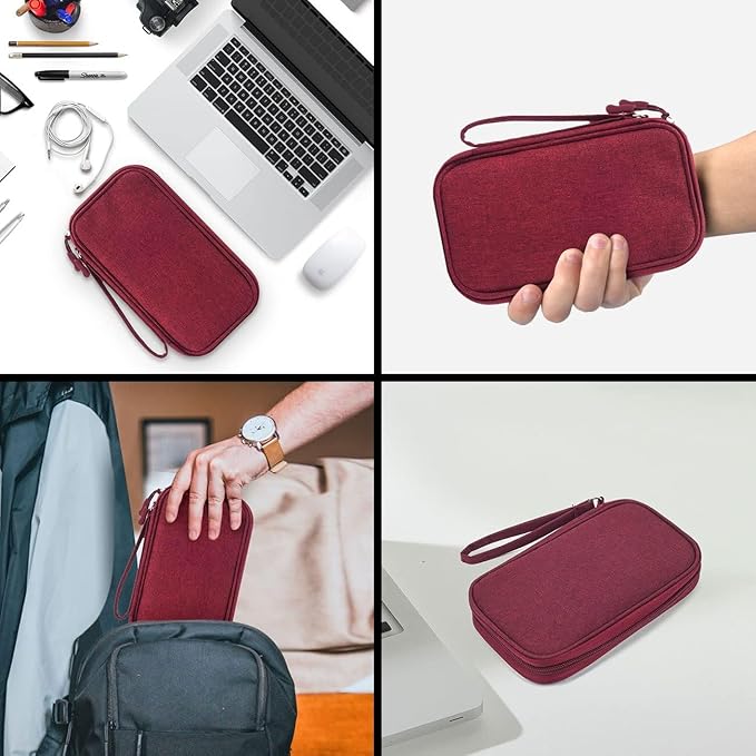 Electronics Accessories Organizer Pouch Bag, Travel Universal Organizer for Cable, Charger, Phone, SD Card, Business Travel Gadget Bag (Wine Red)