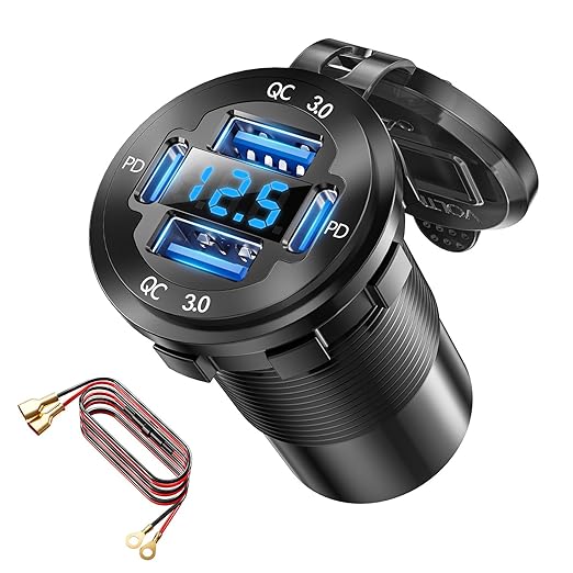 12V USB Charger with 4 Ports, Upgraded Aluminum Alloy Car Outlet with LED Voltmeter Display, for 12/24V Car Golf Cart Boat Marine Bus Truck RV Marine Motorcycle etc. (1PC)