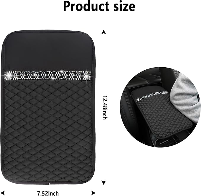 Bling Leather Car Armrest Box Cover,Car Center Console Protector with Colorful Crystal Rhinestones,Anti-Scratch Waterproof Car Armrest Seat Pad for Most Car,SUVs,Trucks (Black)