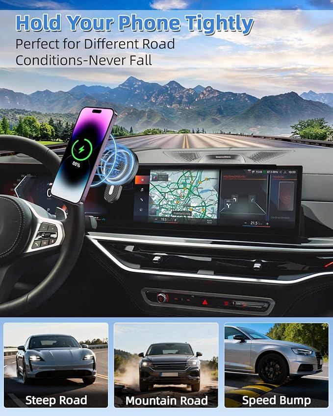 PZK Car Phone Mount for BMW X5 X6 2024 2025 2026 & BMW X7 2023-2026 Accessories Custom 14.9-inch Screen Magnetic 15W Fast Wireless Charger Car Phone Holder with Storage Box Not Affect Air Vent