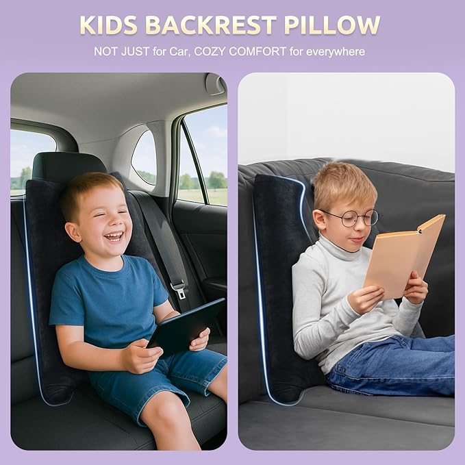 Car Pillow for Kids Travel Pillow with Adjustable Strap,Children Neck Pillow for Car Headrest to Support Head and Body Road Trip Essentials (Dark Black)