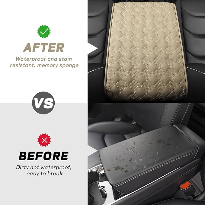 Car Armrest Cushion, 12.2"×8.3" Leather Auto Memory Foam Center Console Pad with Storage Pocket, Waterproof & Anti-Scratch Elbow Pillow Armrest Seat Box Protector, Universal Fit (Beige)