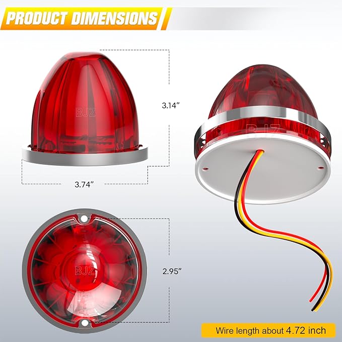 BJZ 8Pcs Red Watermelon LED Strobe+Constant Marker Lights Dual Function Watermelon-Shaped Side Marker Clearance Tail Top Cap Roof Lights for Trailer Truck Semi-Trailer Heavy-Duty Truck Bus Van