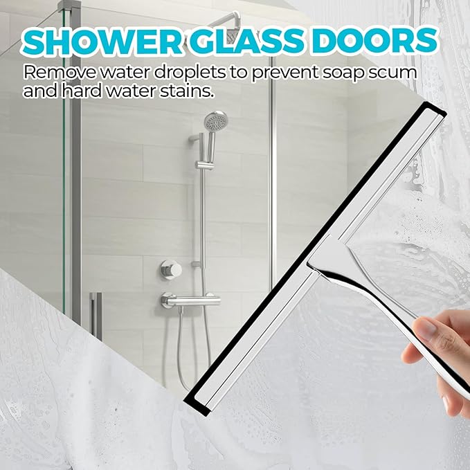 ALFLOD 2PACK 12-Inch All-Purpose Shower Squeegee for Shower Doors, Tile Shower Walls, Bathroom, Window, Glass and Car Windshield, Mirrors and Kitchen-Stainless Steel, Multitools, Silver