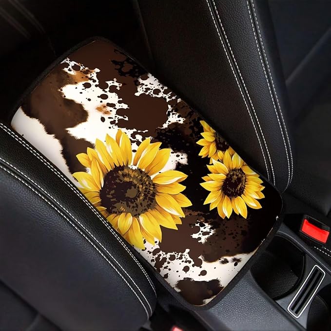 Sunflower Car Armrest Cover Protector Brown Cow Print Auto Center Console Cover Pad,Car Armrest Seat Box Cover Cushion Car Accessories Decor Universal for Most Car Sedan SUV