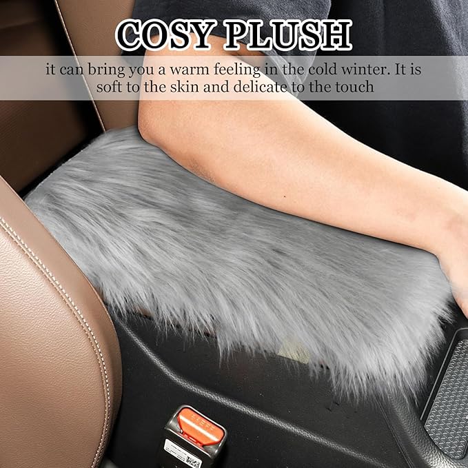 wuyaoyao Furry Car Armrest Cover, 12.1"×6.4" Soft Plush Car Center Console Cover, Winter Warm Fluffy Arm Rest Cover for Car, Auto Armrest Box Cover Protector, Universal Middle Console Pad (Gray)