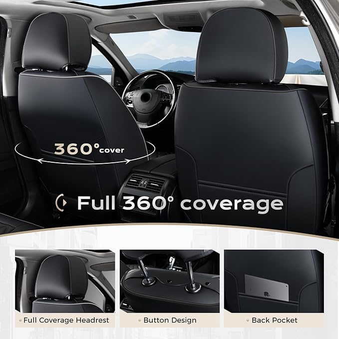 Coverado Front Seat Covers, Waterproof Nappa Leather Anti-Scratch Protectors, Universal Fit for Sedans, SUVs, Pickups, Car Accessories, Waterproof Seat Covers-Black