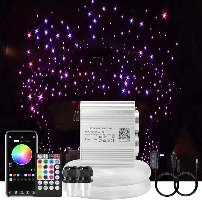 AKEPO Upgraded 16W Dual Head Twinkle Fiber Optic Lights Kit with 750pcs of Mixed Diameter Fibers 9.8ft/3m+Remote, Car Home Use RGBW Twinkle+APP Control+Music Activated Star Ceiling Sky Light