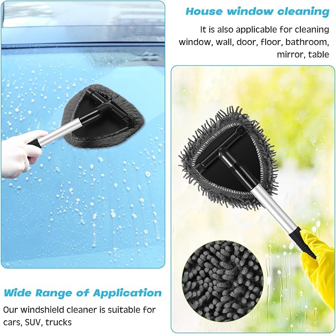 Baderke 9 Pcs Car Windshield Cleaner Tool Kit with with Extendable Handle, Microfiber Towel Pads, Sponge, Ventilation Brush, Empty Spray Bottle for Auto Glass Wiper Suvs Rvs & Home Windows(Grey)