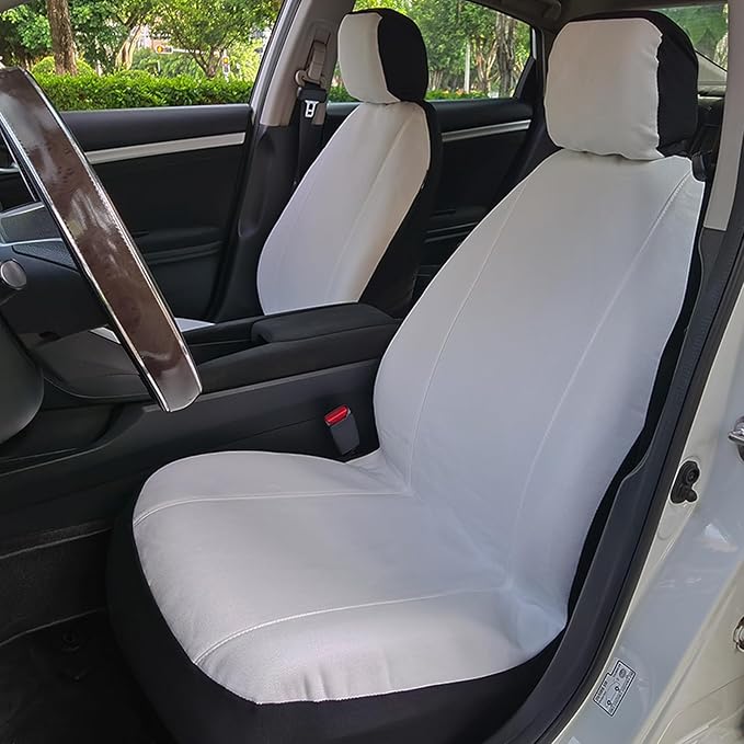 Champlus Car Seat Covers, Canvas Seat Protectors for Two Front Seats, Universal Fits Sedan Cars, SUVs, Trucks, and Mini Vans, Airbag Compatible, Quick Install, Set of 2, Tech White