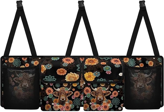 Boho Mandala Highland Cow Car Trunk Organizer with 4 Compartments Floral Flowers Car Storage Bag Multipurpose Cargo Bag