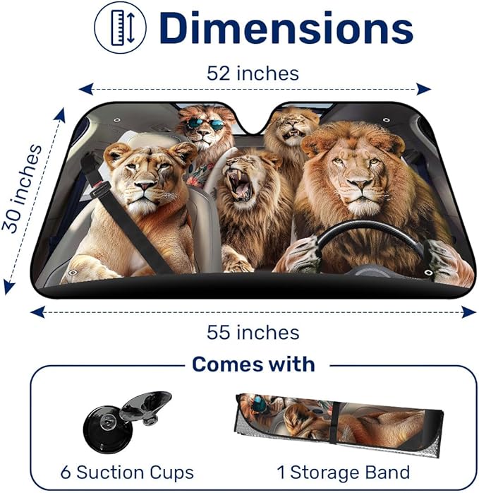 GENANY Lion Family Windshield Sun Shade for Car SUV Truck (55x30 Inches), Sun Shade Windshield, Shades for Front Windows, Protector Blocks UV, Spring Car Decor