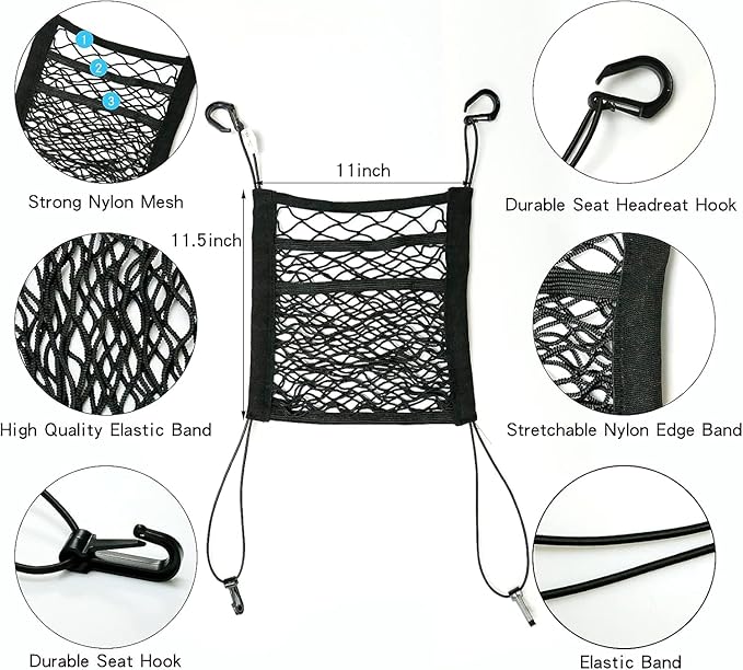 3-Layer Car Seat Back Net Organizer, Car Mesh Bag, Barrier of Backseat Pet Kids Cargo Tissue Purse Holder Storage Netting Pouch Dog Trunk Net Barrier Seat Back Net Bag