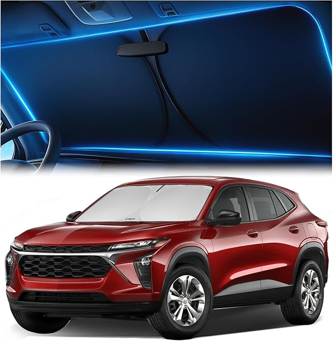 Windshield Sunshade for Chevrolet Trax 2024 2025 2026 - Innovative No-Light-Pass Technology, Mirror Cut-Out, Blocks 99% UV Rays, Fade-Resistant, Easy-Fold Chevy Trax Windshield Sun Shade