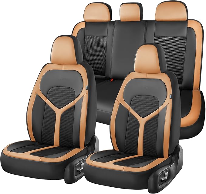 FLORICH Car Seat Covers Full Set, Universal Seat Cover 5 Seats, Automotive Seat Covers with Mesh Leather, Waterproof Car Seat Protector, Breathable Car Seat Cushion for Most Car SUV Truck, Orange