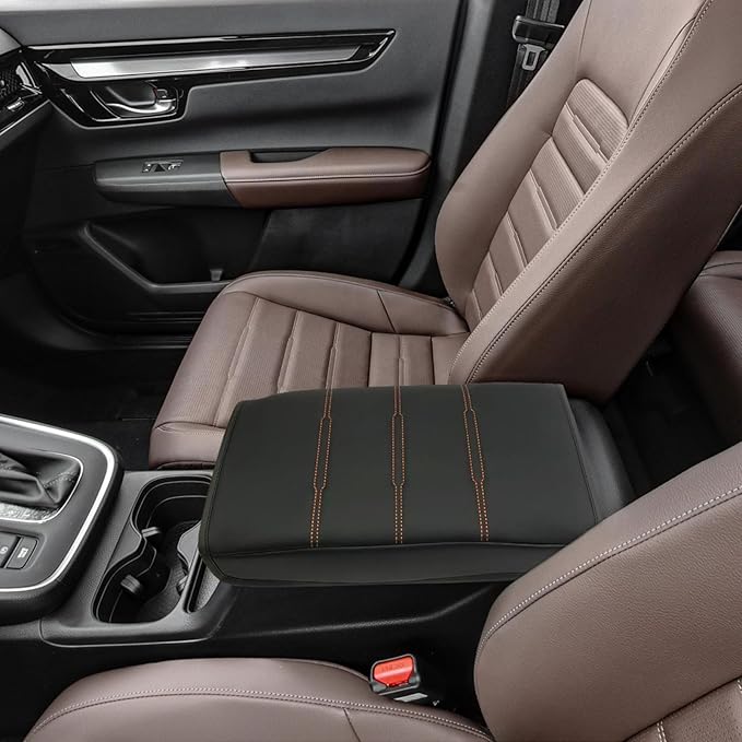 Center Console Cover for 2023 2024 2025 2026 Honda CR-V LX/EX/EXL/Sport/Sport-L/Sport Touring Hybrid, Armrest Lid Cushion Leather Protector Interior Accessories (Black/Orange Stitching)