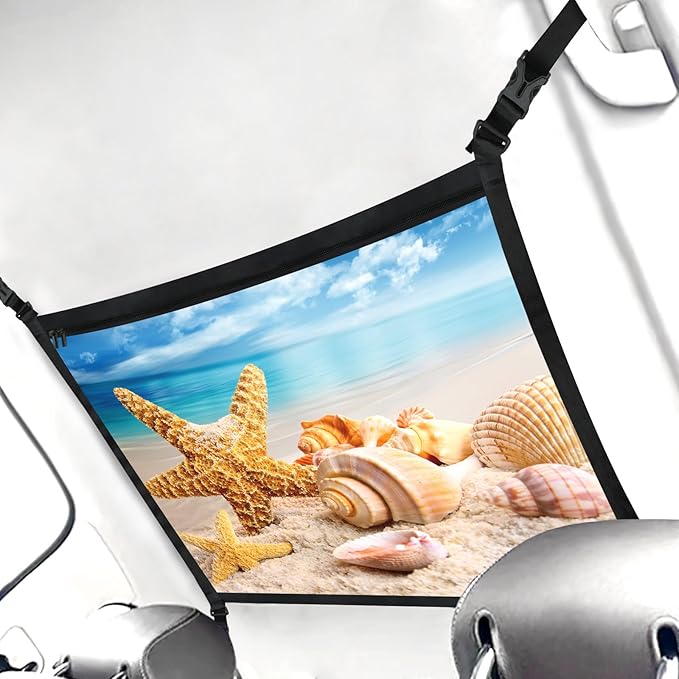 Starfish Car Storage Mesh Organizer Ceiling Cargo Net Double-Layer Adjustable Zipper Truck SUVs Travel Road Trip Essentials etc. Interior Organizer
