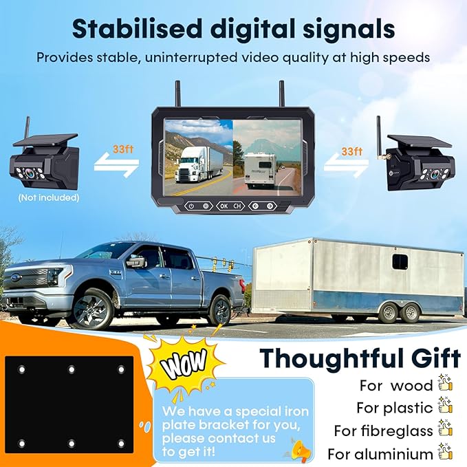 1080P HD Wireless Backup Camera: 1-Min Magnetic Easy Install No Wiring 7" Anti-Glare Monitor with Clear Night Vision - 24H Long Life Solar Scratch-Proof Rear View Camera for Truck Trailer SUV Small RV