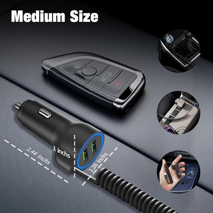 [Apple MFi Certified] USB Car Charger Plug, Aymla Dual Port Coiled Cord Auto Cigarette Lighter Adapter with 5FT Coiled Lightning Cable for iPhone 14 Pro Max/14 Plus/14/13 Pro/13 Mini/12/11/XS/XR/8
