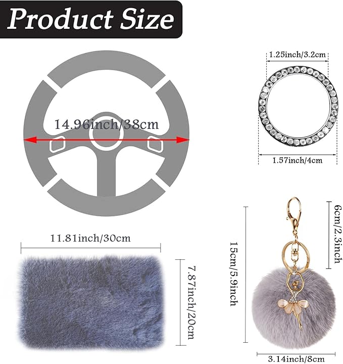 ZYNQACC 9 Pack Cute Bear Fluffy Car Accessories for Women Girls,Kawaii Fuzzy Steering Wheel Cover Universal 15 inch Plush Cute Ears