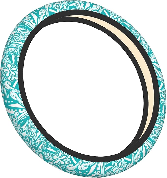 Hawaiian Teal Tribal Turtles Car Steering Wheel Cover for Women Men Stretch Cloth Anti-Slip Wrap Protector Case Fit Universal Auto Accessories Decor Sweat Absorption 14-15 Inch