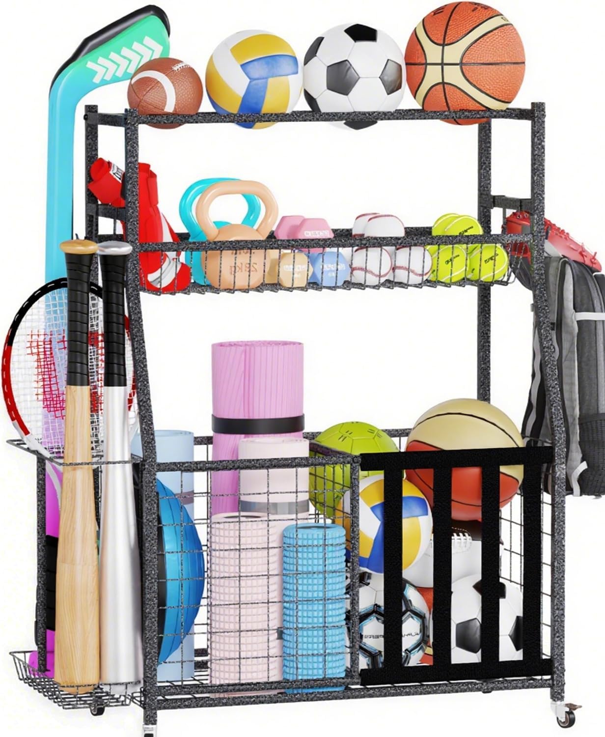 HOMREST Sports Equipment Storage, Ball Storage, Ball Holder, Garage Sports Organizer with Basket and Hooks, Rolling Sports Ball Storage with Wheels for Toy Sports Gear Storage, Black