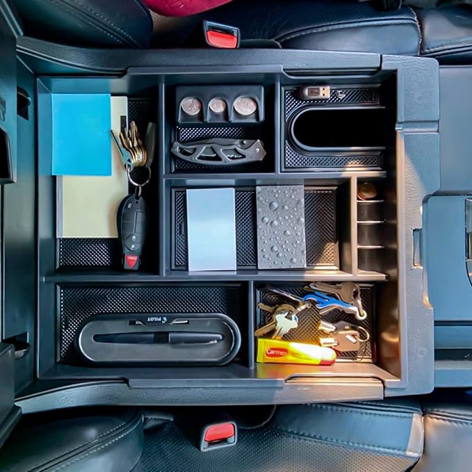 TACOBRO Center Console Organizer Compatible with 2014-2017 2018 2019 2020 2021 Tundra Accessories, Crewmax Interior Armrest Underseat Storage Box- Full-coverage Insert Tray, Black Trim