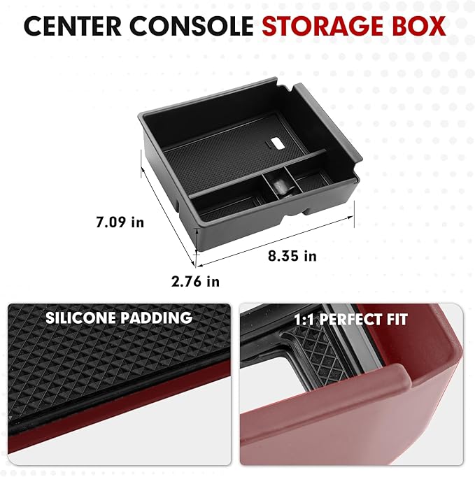 Autorder Center Console Organizer for 2022-2026 Hyundai Santa Cruz Accessories Car Armrest Storage Box Middle Console Tray Container with Black & Red Non-Slip Silicone Mats