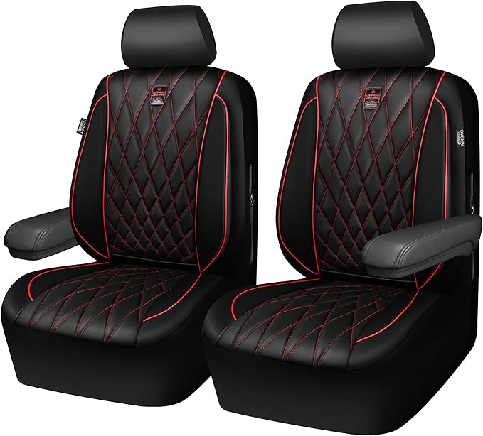 CAR PASS Piping Luxury PU Leather Two Front Car Seat Covers, Waterproof Anti Slip Seat Covers Compatible with Front Seat Armrests,Universal Fit for Suvs,Vans,Trucks,Airbag Compatible(Black and Red)