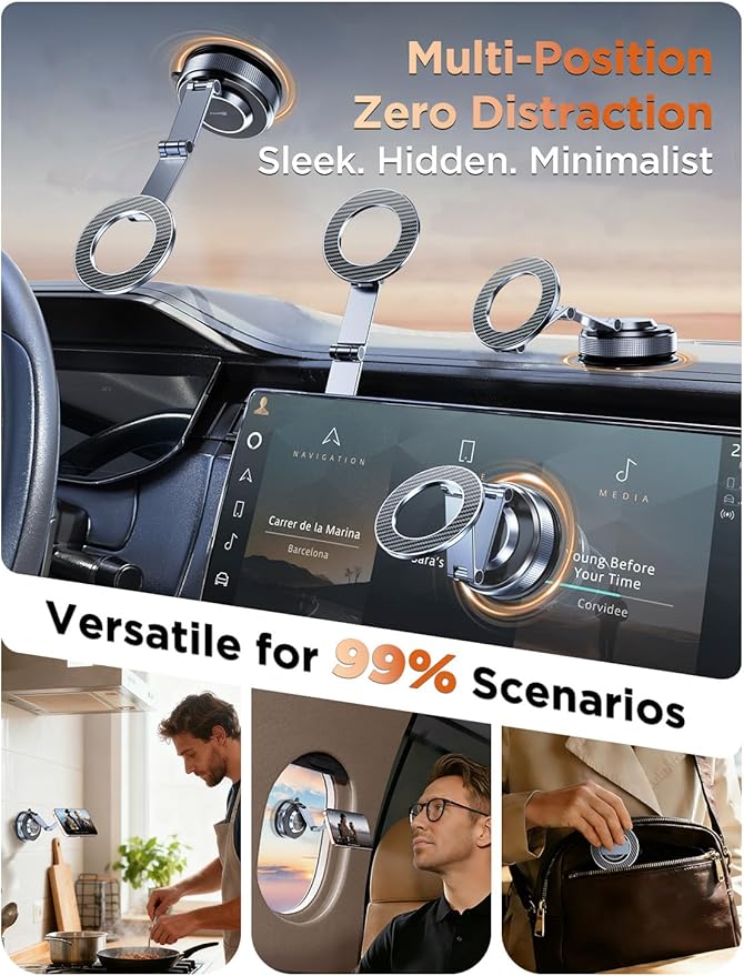 MSXTTLY Magnetic Car Phone Holder 360° Adjustable Tesla Phone Mount Foldable Car Mount 2026 Zinc-Alloy Magsafe Phone Holders for Your Car for iPhone 17 Pro Max 16 15 14 13 12 Plus, Carbon Fiber