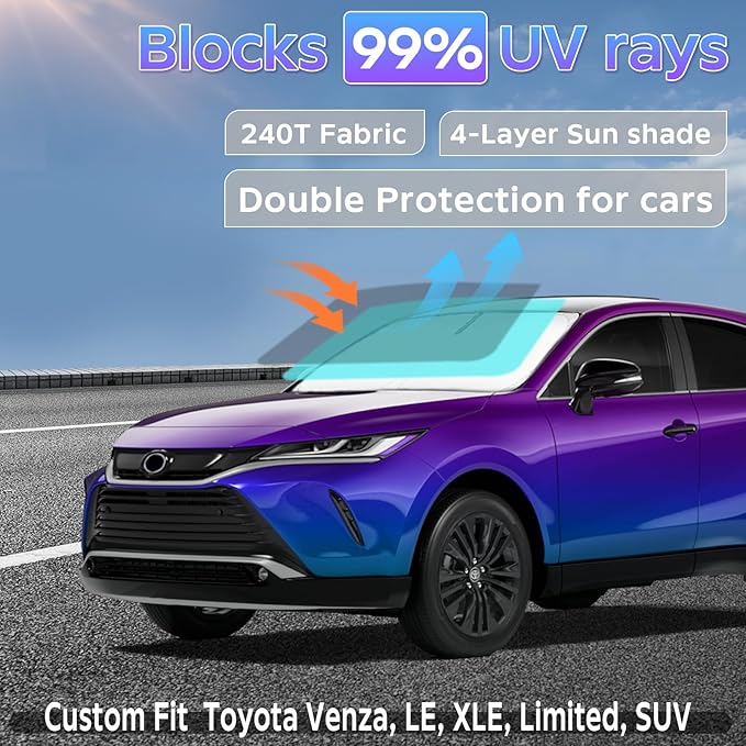 Sun Shade Sunshade for 2021-2024 Toyota Venza LE, XLE, Limited, SUV Windshield Cover, 4-Layers Sun Shield 250T Silver Sun Visor Foldable Front Window Shade Blocks UV Rays Car Accessories