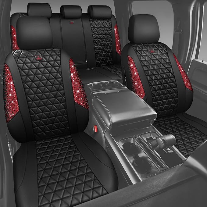 CAR PASS Bling Diamond Black Red Leather Car Seat Covers Full Set, Waterproof Shining Glitter Sparkly Crystal Universal Armrest Fit Automotive Truck SUV Women Girl, Rhinestone Interior Cover Set, Red